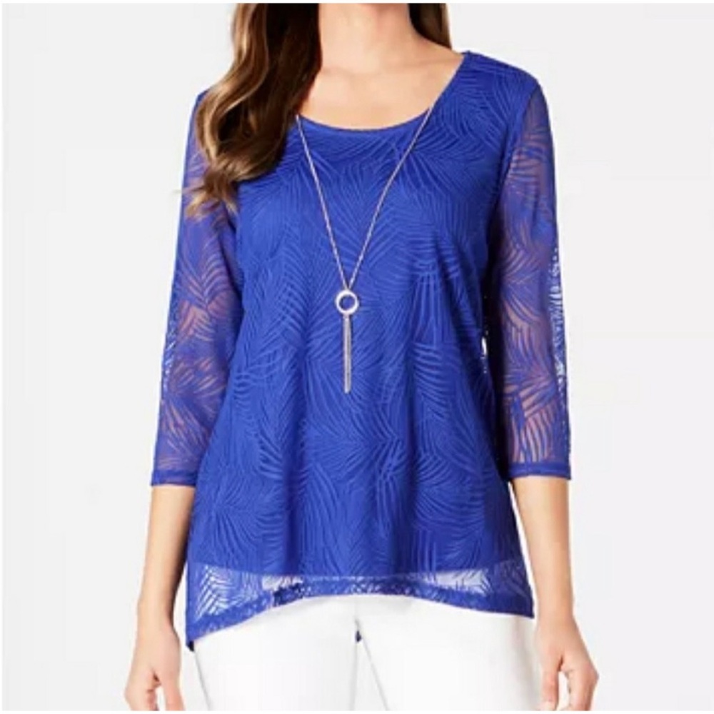 JM Blue Palm Blouse with Necklace